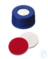 Kurzgewindekappe ND9. PP. blau. 6 mm Mittelloch. Septum Silikon weiß/PTFE...