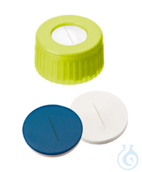 Kurzgewindekappe ND9. PP. gelb. 6 mm Mittelloch. Septum Silikon weiß/PTFE...