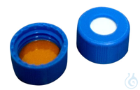 Kurzgewindekappe ND9. PP. blau. 6 mm Mittelloch. Septum Silikon weiß/Polyimid...
