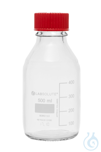 Laborflaschen. 500 ml. Klarglas. GL45. aus Borosilikatglas 3.3. mit roten...