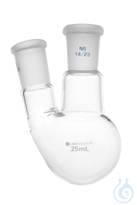 Zweihals-Rundkolben. Seitenhals schräg. 20°. 25 ml. MH 14/23. SH 14/23. gemäß...