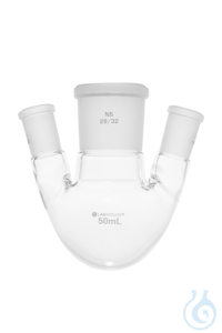 Dreihals-Rundkolben. Seitenhals schräg. 20°. 50 ml. MH 29/32. SH 14/23. gemäß...