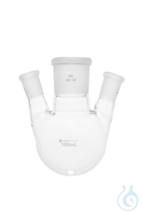 Dreihals-Rundkolben. Seitenhals schräg. 20°. 100 ml. MH 29/32. SH 14/23....