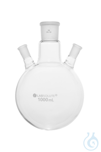 Dreihals-Rundkolben. Seitenhals schräg. 20°. 1000 ml. MH 29/32. SH 14/23....