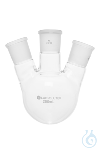 Dreihals-Rundkolben. Seitenhals schräg. 20°. 250 ml. MH 29/32. SH 29/32....