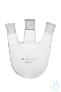 Dreihals-Rundkolben. Seitenhals schräg. 20°. 1000 ml. MH 29/32. SH 29/32....