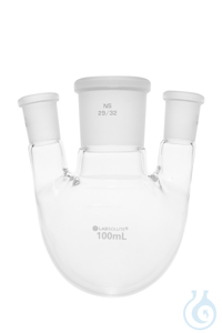 Dreihals-Rundkolben. Seitenhals parallel. 100 ml. MH 29/32. SH 14/23. gemäß...