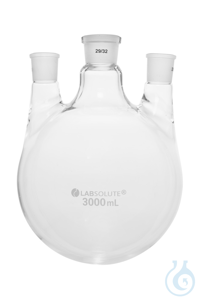 Dreihals-Rundkolben. Seitenhals parallel. 3000 ml. MH 29/32. SH 29/32. gemäß...