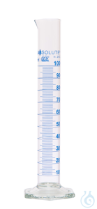 Messzylinder. 100 ml. blaue Graduierung. Teilung 1 ml. hohe Form. Klasse A....