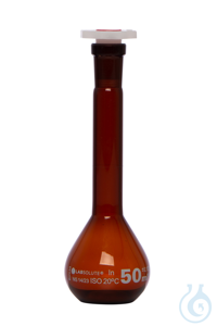 Messkolben. Braunglas. Borosilikat 3.3. 50 ml. NS 14/23. mit PE-Stopfen....