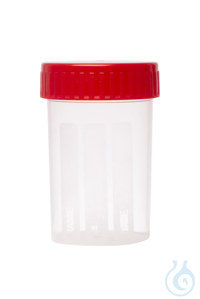 Probenbecher. PP. 60 ml. mit rotem Schraubdeckel. mit Graduierung und...