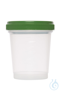 Probenbecher. PP. 500 ml. mit grünem Schraubdeckel. mit Graduierung bis 350...