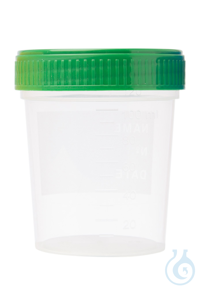 Probenbecher. PP. 120 ml. mit grünem Schraubdeckel montiert. mit Graduierung...