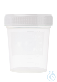 Probenbecher. PP. 120 ml. mit weißem Schraubdeckel montiert. mit Graduierung...