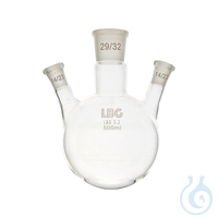 Dreihals-Rundkolben mit schrägen Hälsen, mit Normschliff, LBG 3.3, Zent. 24/29,  Aus...